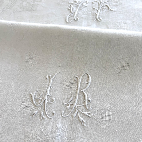 Nappe brodée main antique deux monogrammes JR damassé lin 175x250cm - Villa Farese