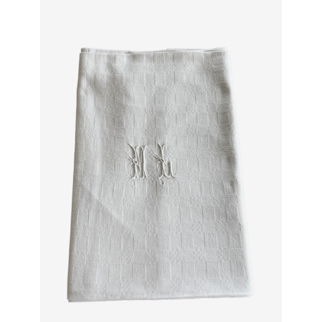 Nappe brodée main antique monogramme ML damassé lin 135x180cm - Villa Farese